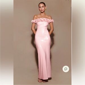 Meshki Blush Pink Off-Shoulder Sequin Maxi Dress with Floral Sleeve Accents
